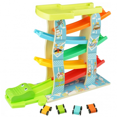 Jucarii Montessori din lemn - Pista cu 5 rampe si 4 masinute din lemn Crocodile Escape, multicolor
