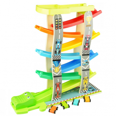 Jucarii Montessori din lemn - Pista cu 7 rampe si 4 masinute din lemn Crocodile Escape, multicolor