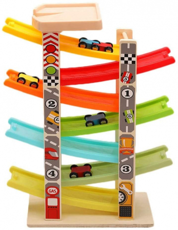Jucarii Montessori din lemn - Pista cu 7 rampe si 7 masinute din lemn, multicolor