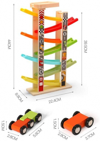 Pista cu 7 rampe si 7 masinute din lemn, multicolor [4]