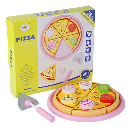 Pizza din lemn jucarie de feliat, multicolor [3]