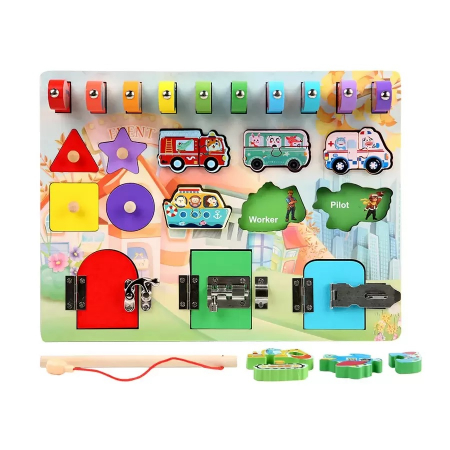 Placa  Activitati cu Incuietori si Pescuit Magnetic Fishing Busy Board, multicolor