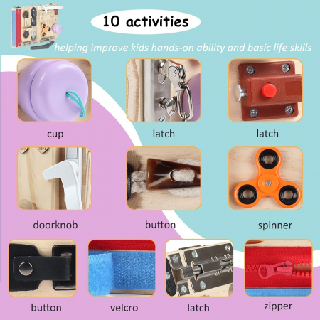 Placa activitati Montessori din lemn Busy Board Spinner pliabila 10 in 1, multicolor [1]
