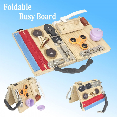 Placa activitati Montessori din lemn Busy Board Spinner pliabila 10 in 1, multicolor [4]