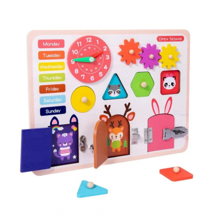 Placa Busy Board cu forme si calendar Open Sesame Locks, multicolor
