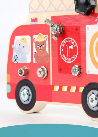Placa senzoriala Busy Fire Truck activitati Montessori de insurubat, multicolor [4]
