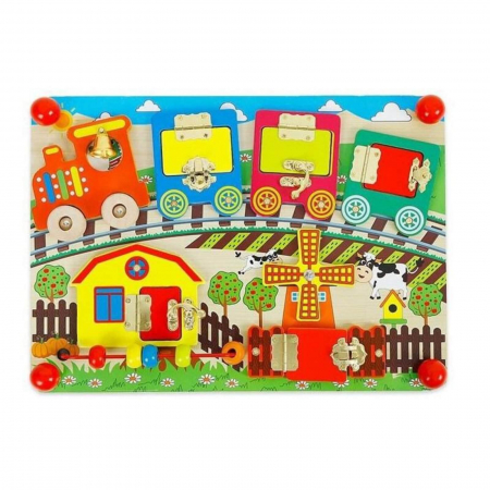 Jucarii Montessori din lemn - Placa senzoriala Incuietorile, Trenulet si Ferma, multicolor
