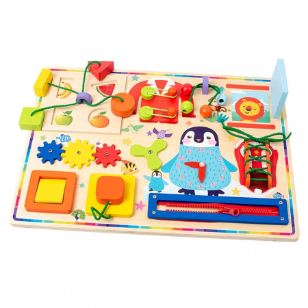 Jucarii Montessori din lemn - Placa Senzoriala Montessori Activitati Uzuale, Busy Board Pinguin