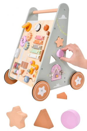 Premergator Educational si Interactiv 2 in 1 din Lemn Natural cu Activitati si Spatiu Depozitare, multicolor [1]