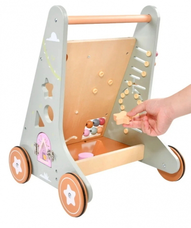 Premergator Educational si Interactiv 2 in 1 din Lemn Natural cu Activitati si Spatiu Depozitare, multicolor [2]