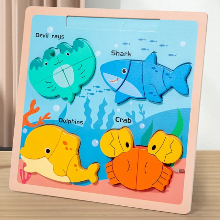 Puzzle din lemn incastru 3D si tablita desen cu marker Chunky, Animale Marine, 16 piese, multicolor [2]