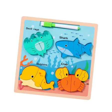 Puzzle din lemn incastru 3D si tablita desen cu marker Chunky, Animale Marine, 16 piese, multicolor [0]