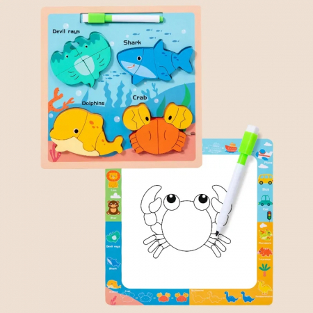 Puzzle din lemn incastru 3D si tablita desen cu marker Chunky, Animale Marine, 16 piese, multicolor [1]