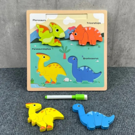 Puzzle din lemn incastru 3D si tablita desen cu marker Chunky, Dinozauri, 16 piese, multicolor [1]