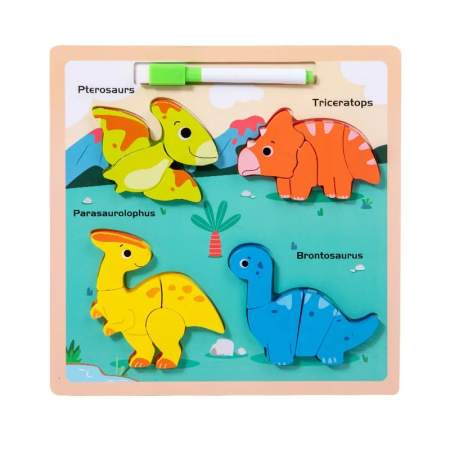 Puzzle din lemn incastru 3D si tablita desen cu marker Chunky, Dinozauri, 16 piese, multicolor [3]
