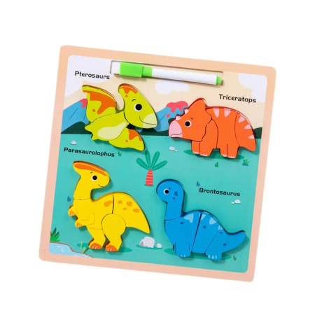Puzzle din lemn incastru 3D si tablita desen cu marker Chunky, Dinozauri, 16 piese, multicolor [0]