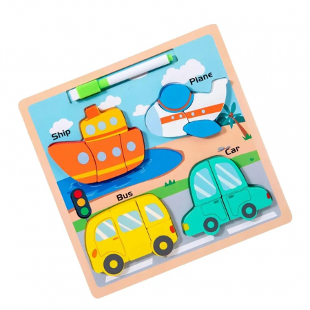 Puzzle din lemn incastru 3D si tablita desen cu marker Chunky, Vehicule, 16 piese, multicolor [0]