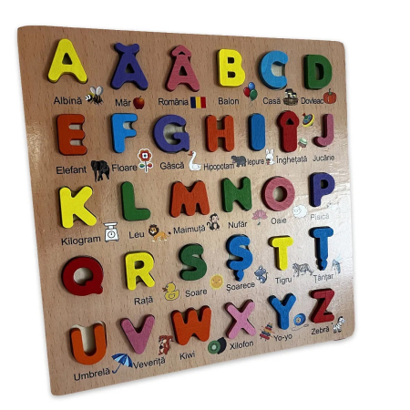 Jocuri puzzle - Puzzle incastru Alfabet in limba Romana din lemn cu diacritice, 31 piese, multicolor