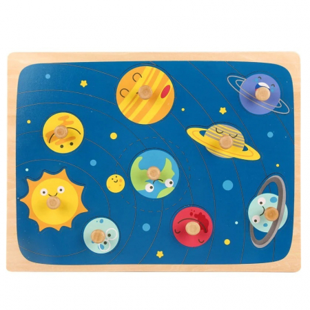 Jucarii educative si creative - Puzzle incastru din lemn cu piese groase pentru copii Spatiu Cosmic, 9 piese, multicolor