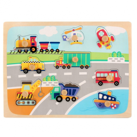 Jucarii Montessori din lemn - Puzzle incastru din lemn cu piese groase pentru copii Vehicule, 9 piese, multicolor