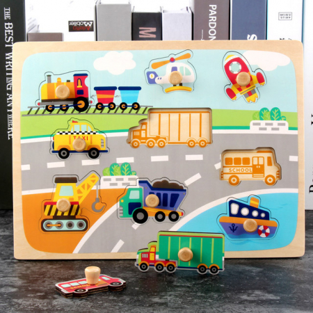 Puzzle incastru din lemn cu piese groase pentru copii Vehicule, 9 piese, multicolor [1]