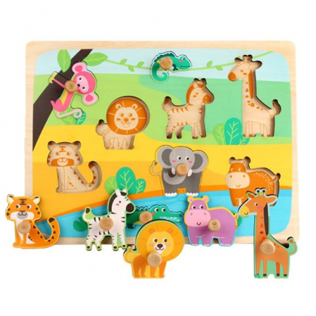 Puzzle incastru din lemn cu piese groase pentru copii Animale din Savana, 9 piese, multicolor