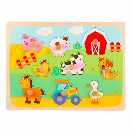 Puzzle incastru din lemn cu piese groase pentru copii Ferma Animalelor, 9 piese, multicolor