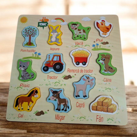 Puzzle incastru din lemn Ferma in limba Romana, 12 piese, multicolor [2]