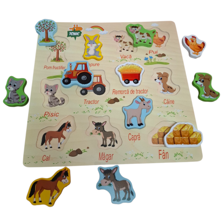 Jucarii Montessori din lemn - Puzzle incastru din lemn Ferma in limba Romana, 12 piese, multicolor