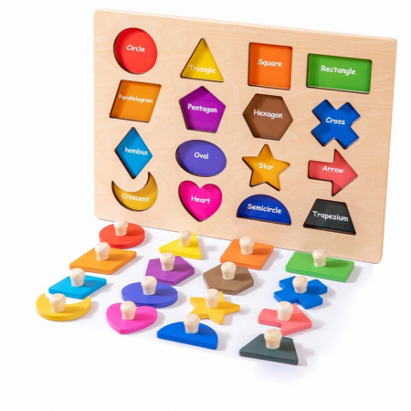 Jucarii Montessori din lemn - Puzzle incastru Montessori din lemn forme geometrice magnetice, 16 piese, multicolor