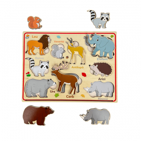 Jocuri puzzle - Puzzle magnetic incastru din lemn Animale Salbatice in limba Romana, 9 piese, multicolor