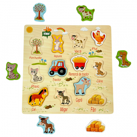 Jucarii educative si creative - Puzzle incastru din lemn Ferma in limba Romana, 12 piese, multicolor