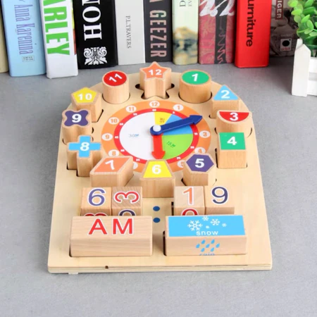 Jucarie educativa Montessori ceas din lemn, forme geometrice, accesorii vreme [3]