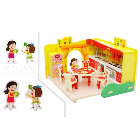 Jucarii Montessori din lemn - Plansa cu Puzzle 3D din lemn, asamblare Bucatarie papusi