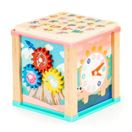 Cub educativ Montessori din lemn "Pink-Dino" cu activitati, ceas, labirinturi, forme geometrice [5]