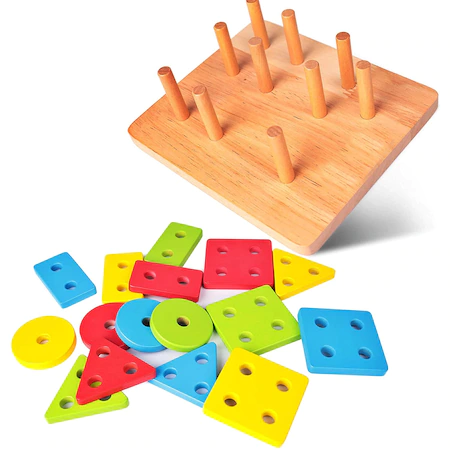 Sortator pentru copii, 16 piese din lemn, puzzle, forme geometrice, 4 coloane de sortare a culorii [4]