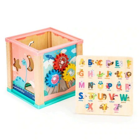 Cub educativ Montessori din lemn "Pink-Dino" cu activitati, ceas, labirinturi, forme geometrice [4]