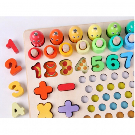 Joc lemn 6 in 1 cu cifre, forme geometrice, logaritmic cu stivuire piese, pescuit magnetic, indemanare si sortare, multicolor [5]