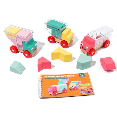 Joc de logica si asamblare Camioane si Cuburi din lemn, multicolor [1]