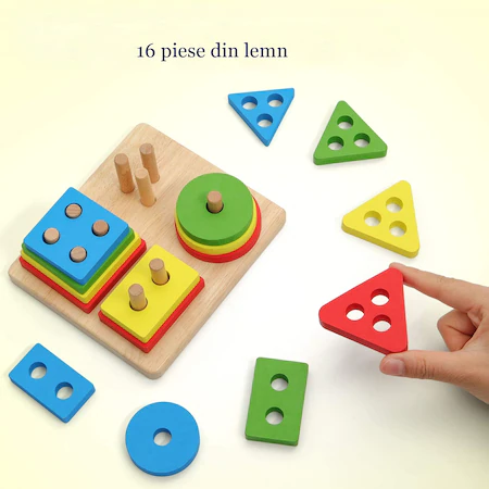 Sortator pentru copii, 16 piese din lemn, puzzle, forme geometrice, 4 coloane de sortare a culorii [2]