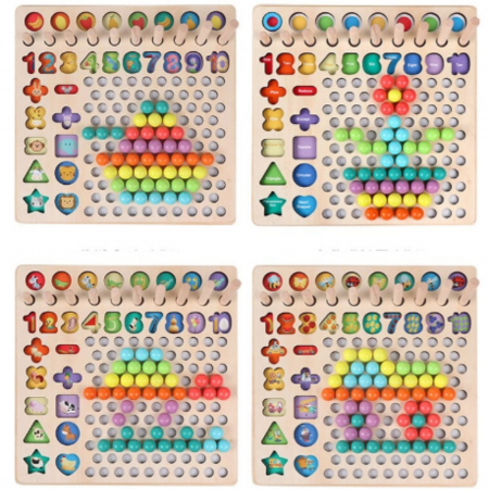 Joc lemn 6 in 1 cu cifre, forme geometrice, logaritmic cu stivuire piese, pescuit magnetic, indemanare si sortare, multicolor [4]