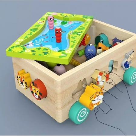 Remorca Montessori cu sortator forme animale si joc de pescuit, 25 piese, multicolor [4]