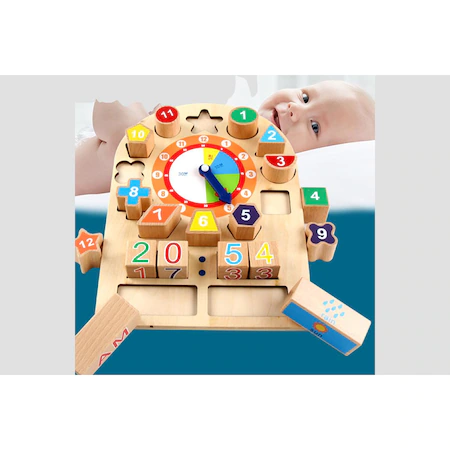 Jucarie educativa Montessori ceas din lemn, forme geometrice, accesorii vreme [6]