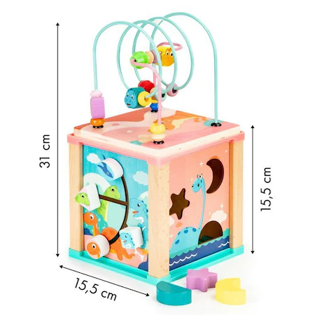 Cub educativ Montessori din lemn "Pink-Dino" cu activitati, ceas, labirinturi, forme geometrice [3]