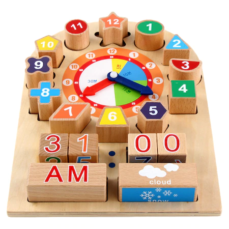 Jucarii educative si creative - Jucarie educativa Montessori ceas din lemn, forme geometrice, accesorii vreme