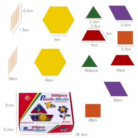 Joc educativ, Tangram din lemn, Joc asiatic cu 250 piese geometrice multicolore [5]