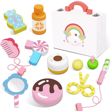 Jucarii Montessori din lemn - Trusa de machiaj, Make-up din lemn, 11 piese, multicolor