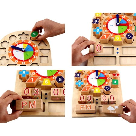 Jucarie educativa Montessori ceas din lemn, forme geometrice, accesorii vreme [4]