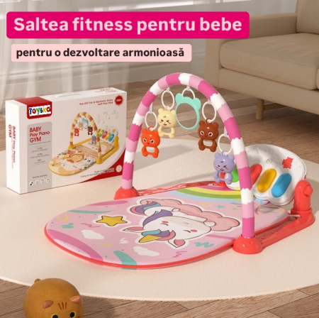Saltea de joaca pentru bebelusi cu pian detasabil Unicorn, muzica si lumini, roz [2]