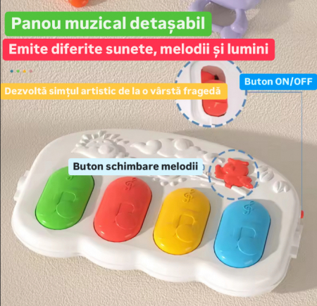Saltea de joaca pentru bebelusi cu pian detasabil Unicorn, muzica si lumini, roz [4]